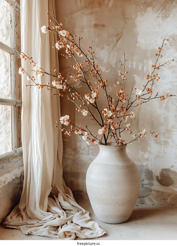 Beige Vase with White Flowers and a White Curtain Against a Tan Wall