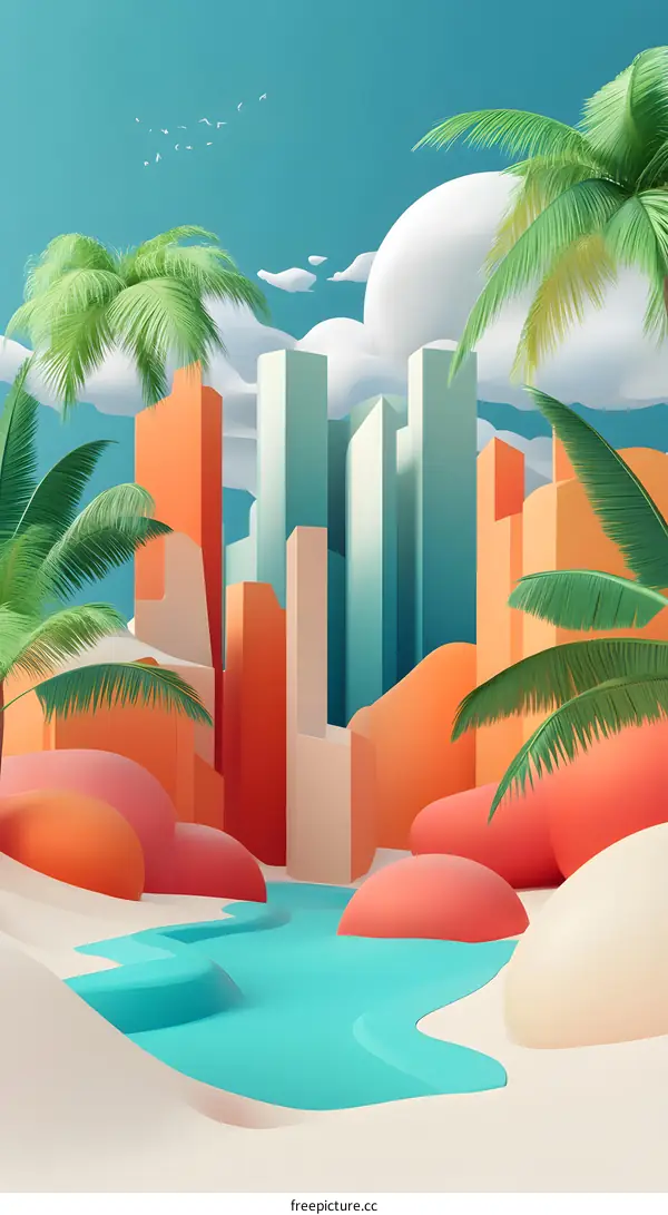 Palm Trees and Cityscape Illustration