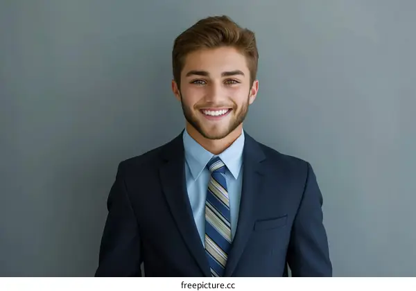Young professional headshot of a smiling man in a suit and tie