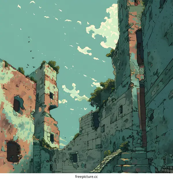 Ruined Cityscape with Birds Flying in the Sky