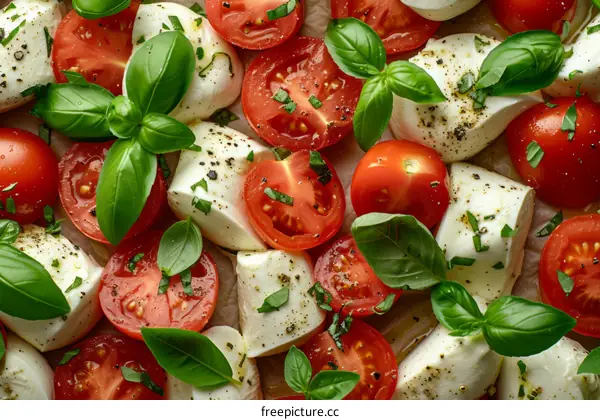 Fresh and colorful salad of tomatoes, mozzarella cheese and basil leaves