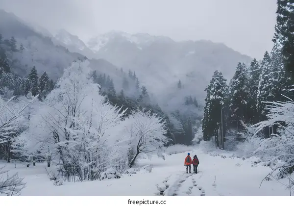 Two People Hiking in Snowy Mountains