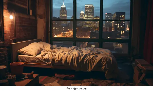 A messy bed in a room with a large window looking out over a city at night