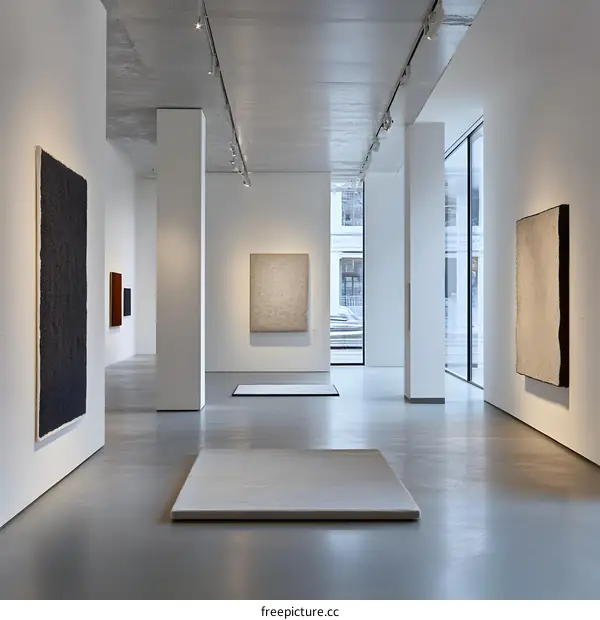Modern Art Gallery Interior with White Walls and Paintings