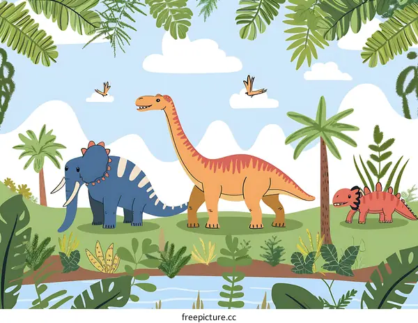Cute Cartoon Dinosaurs in a Lush Tropical Setting