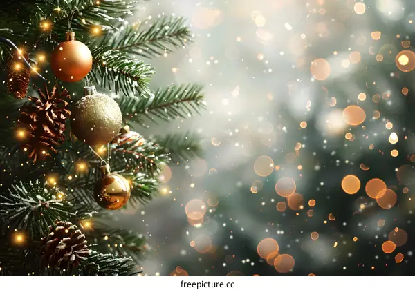 Christmas tree with golden decorations shining in lights and snowflakes