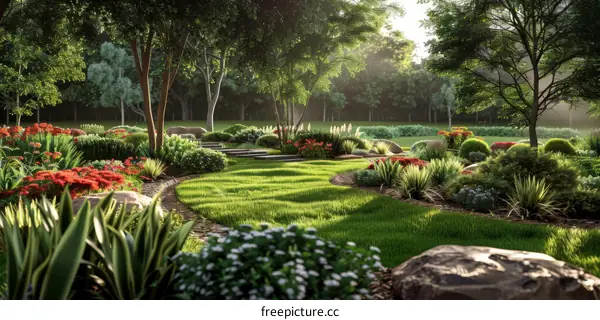 A Beautiful Garden with Stone Path and Varied Flora
