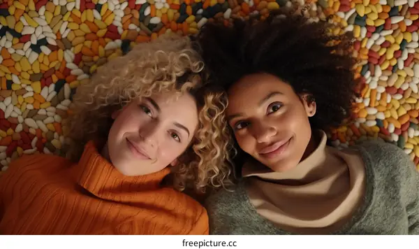 Two young women lying on a colorful bed of pills