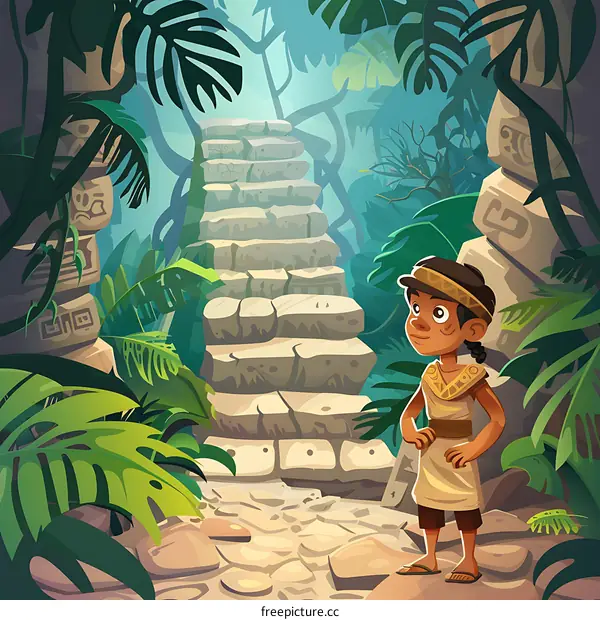 Young Native American Boy Standing In Front Of Stone Stairs In Jungle