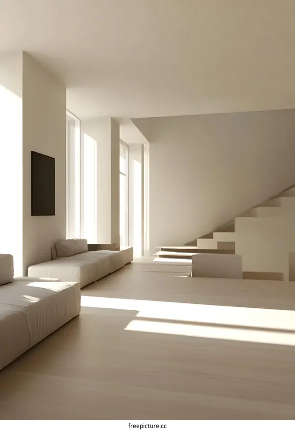 Modern Minimalist Living Room Interior Design with White Sofa and Staircase