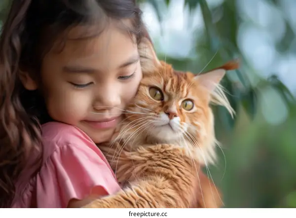 A girl hugging an orange cat