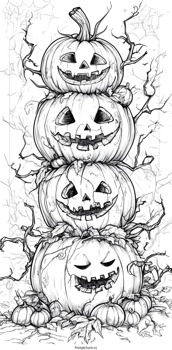 Stacked Jack O Lantern Pumpkins In Forest