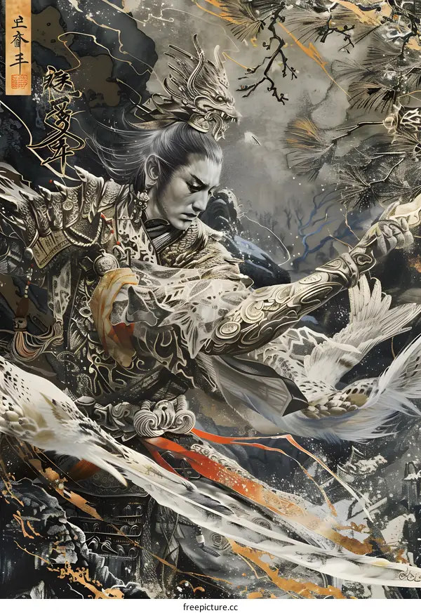 Chinese Warrior with Dragon Headwear in a Fantasy Setting