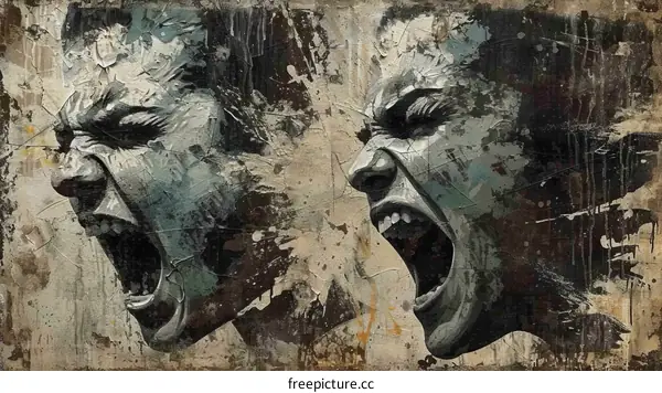 Two screaming human faces with grunge texture