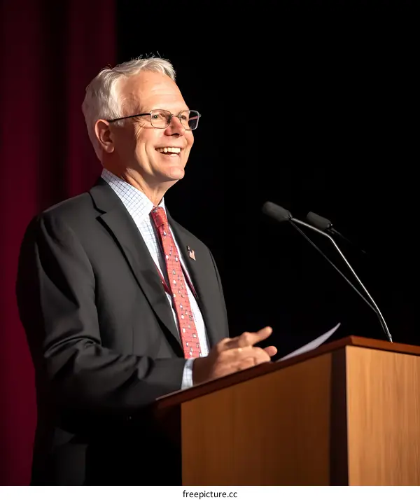 Man in Suit Speaking at a Podium with a Microphone