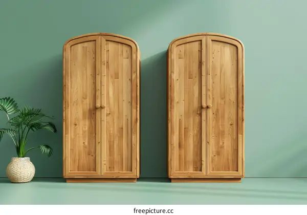 Two wooden cabinets with arched doors and a potted plant next to them