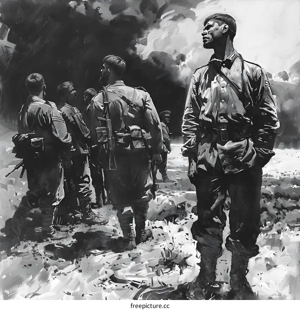 A group of soldiers in the First World War are walking through a destroyed village.