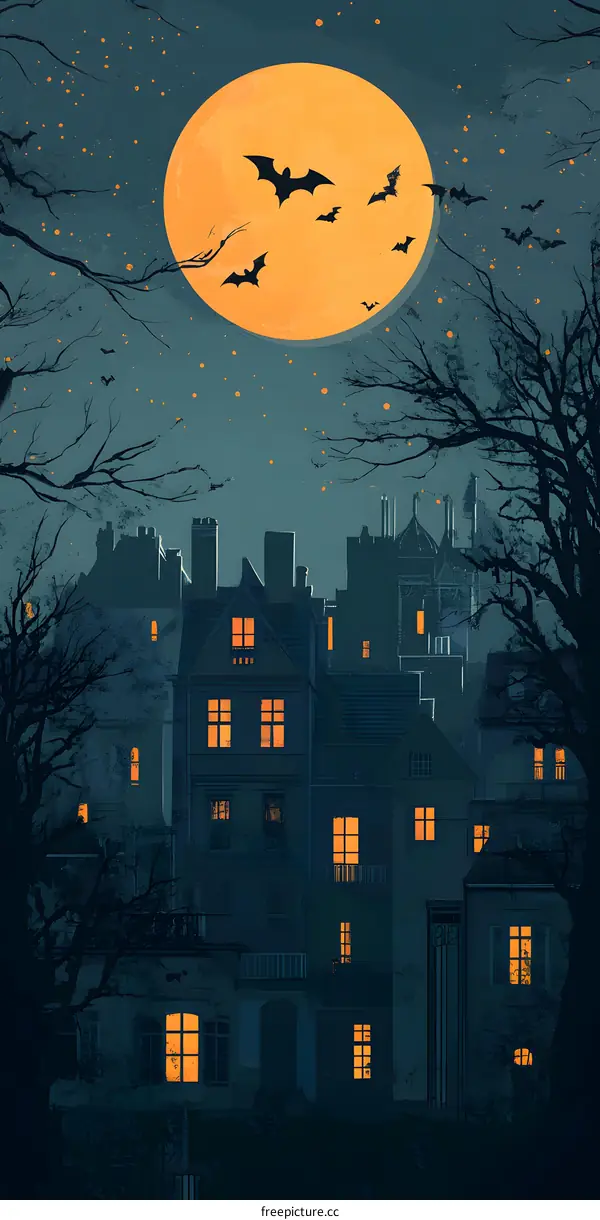 Halloween Night Cityscape with Full Moon and Bats