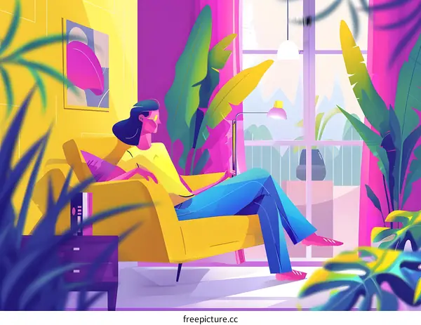 Woman Relaxing in a Colorful Living Room with Plants