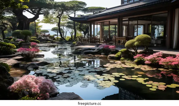 Modern Japanese house with a beautiful garden and pond