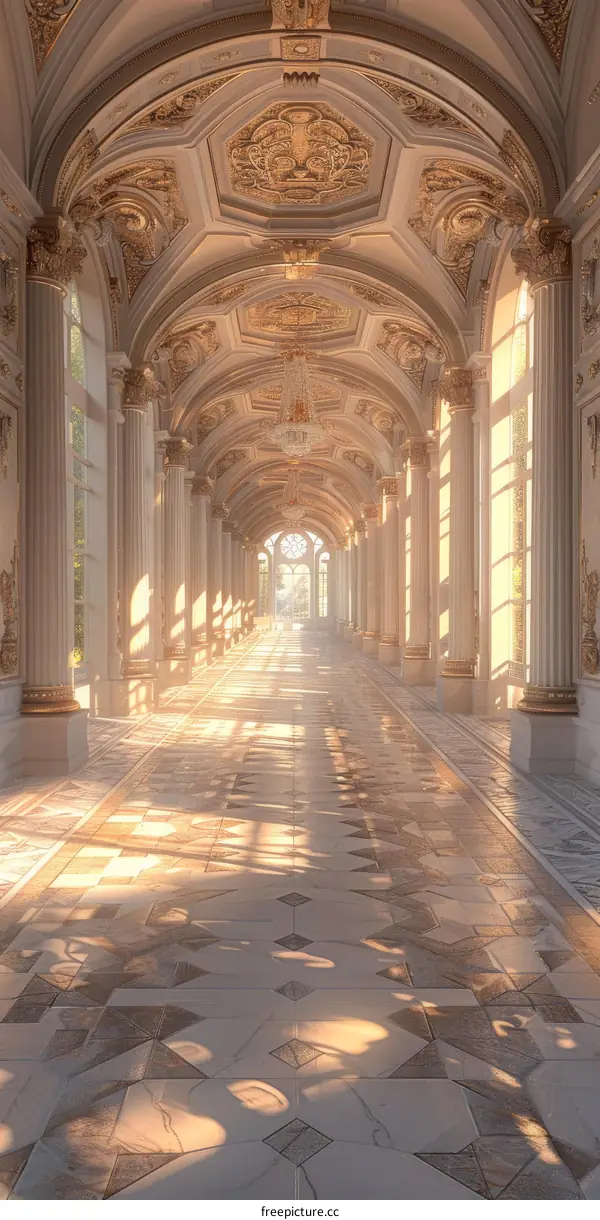 Elegant Palace Corridor with Golden Sunlight