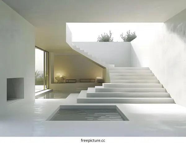 Minimalist White Interior Design With Stairs And Pool