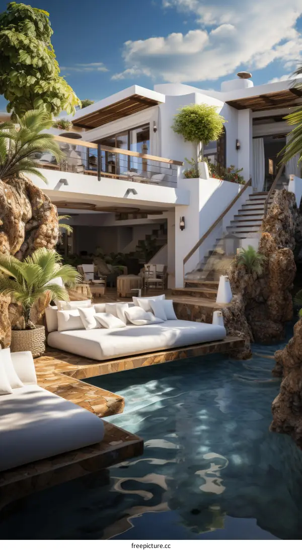 A stunning modern villa with a pool and a beautiful view