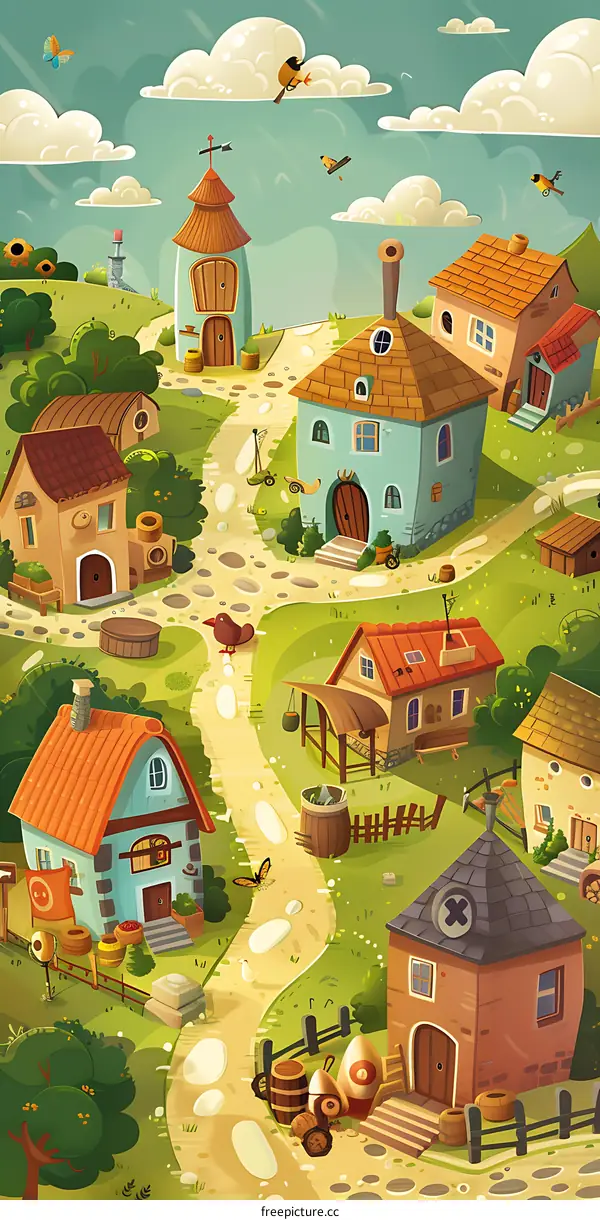 Cartoon Illustration of a Village with Houses and a Winding Path