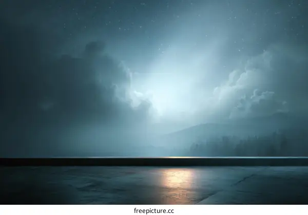 Empty Concrete Terrace at Night Under Cloudy Sky