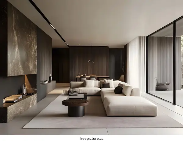 Modern Living Room Interior Design with Large Sofa and Marble Fireplace