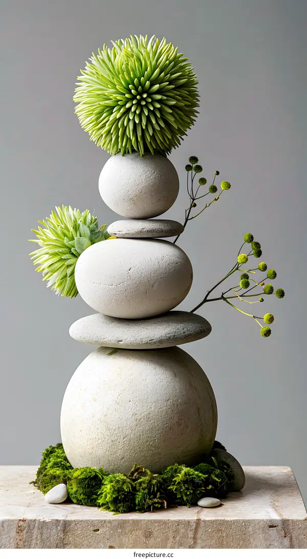 Stacked Stones with Green Plants and Moss