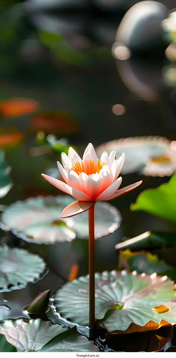 Pink Water Lily in Pond With Green Leaves