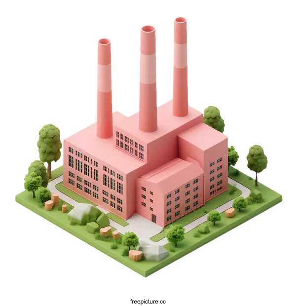[Transparent Background PNG]Cute Cartoon Factory Illustration with Green Landscaping