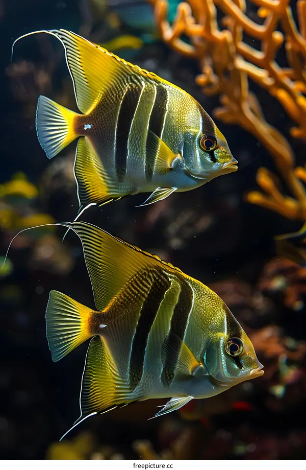 Two yellow and black striped fish swimming in a dark blue ocean water with orange plants in the background