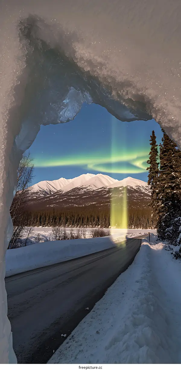 Aurora Borealis Shining Through Snow Covered Ice Cave