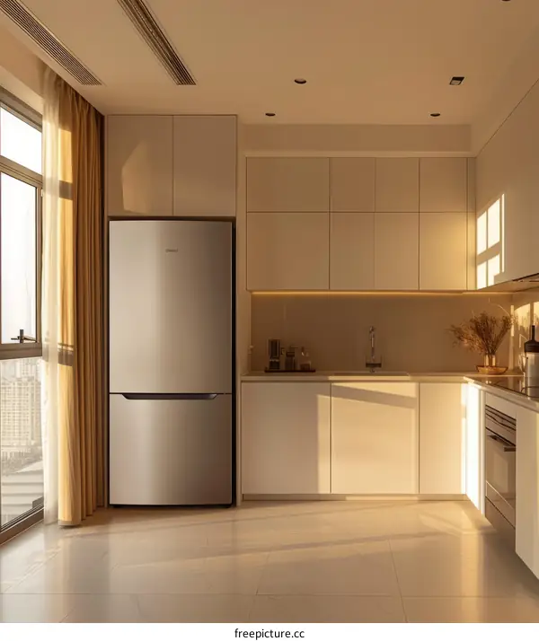 Modern minimalist kitchen design with large windows