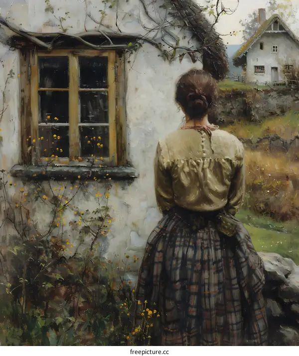A woman standing in front of a cottage