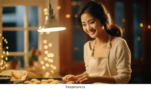 Asian woman baking cookies in the kitchen