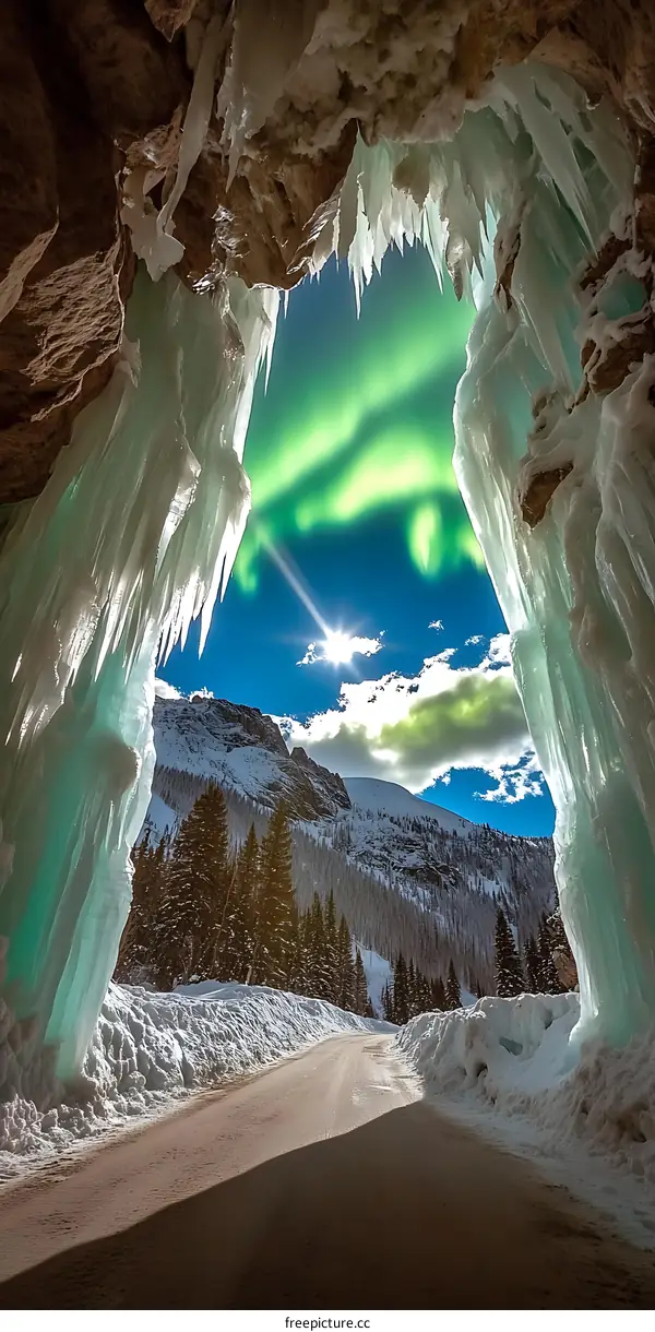 Aurora Borealis Seen Through Ice Cave