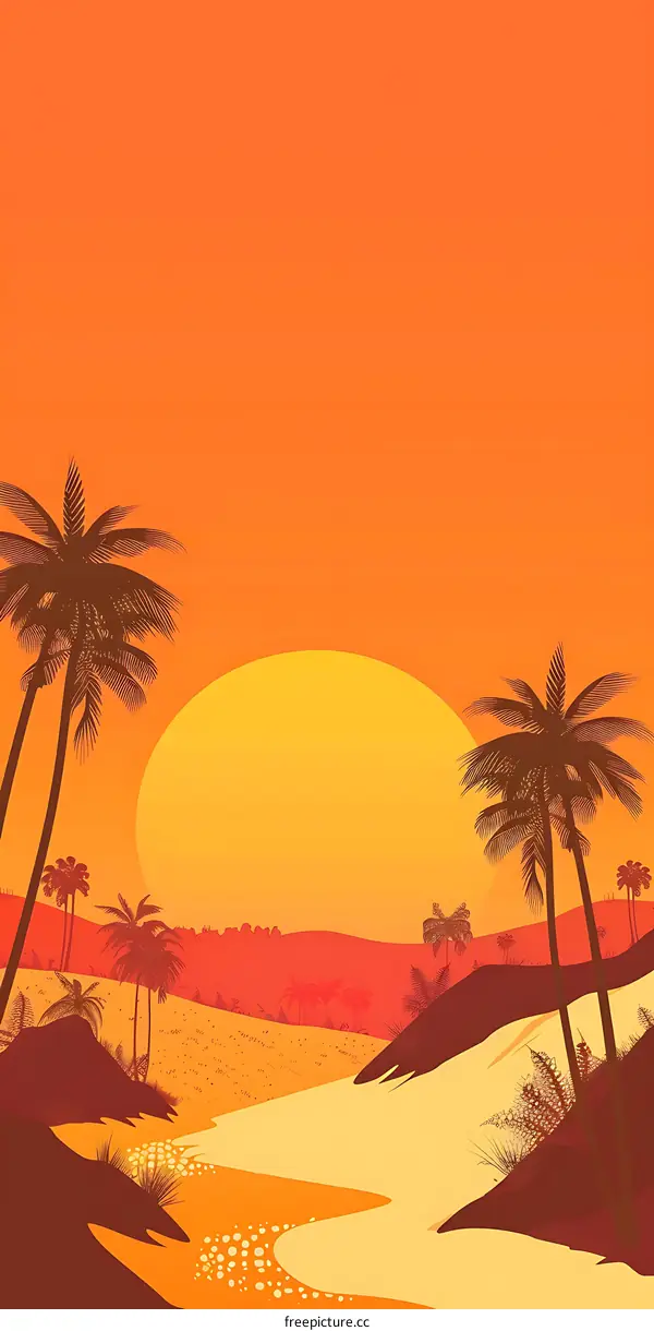 Sunset Desert Landscape With Palm Trees
