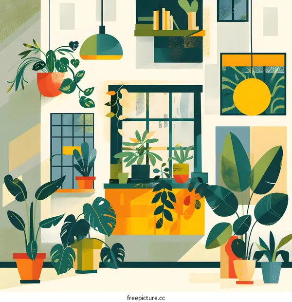 Indoor Plants and Window with Yellow Wall
