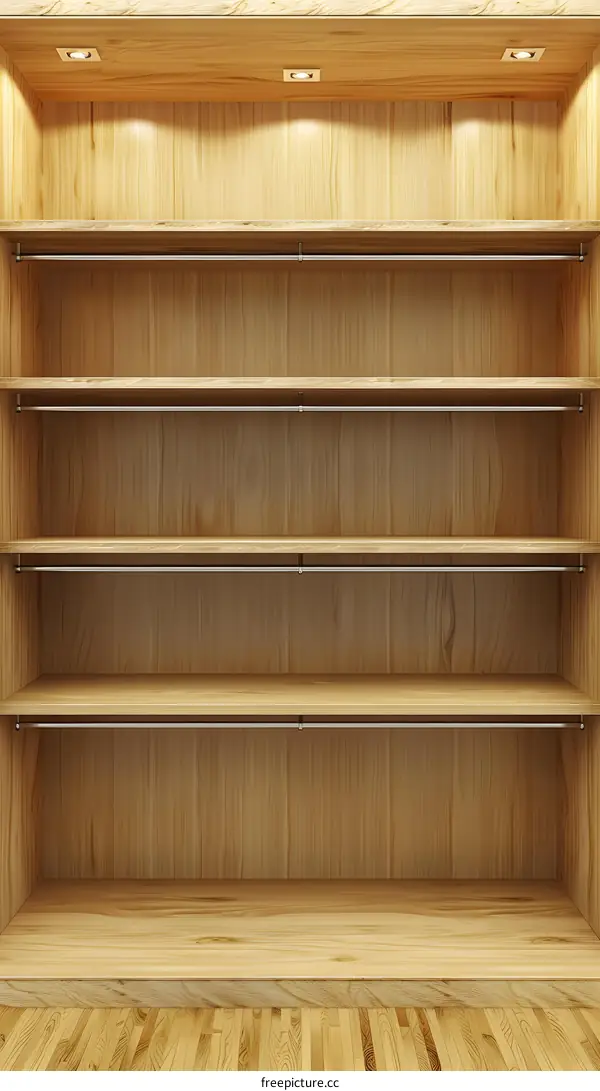 Empty Wooden Closet With Shelves And Hanger Rails