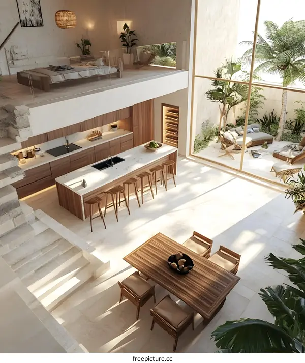 Modern Minimalist Kitchen and Dining Room with Tropical Garden View