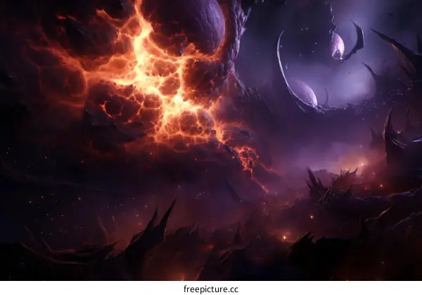 Fantasy landscape with a fiery sky and a dark planet