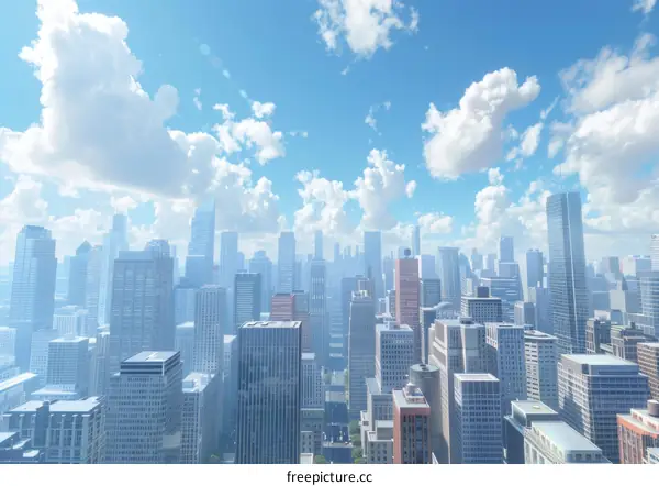 A cityscape of a large American city featuring skyscrapers and a blue sky