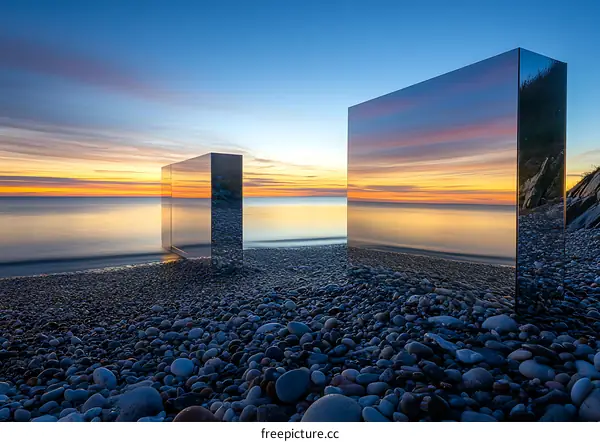 Mirrored Sculptures Reflecting Sunrise Over the Beach
