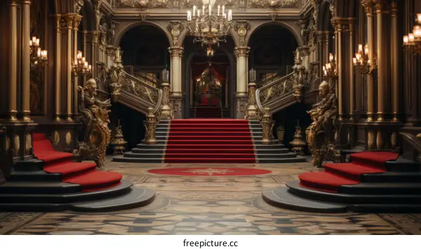 ornate hallway with red carpet and marble floor