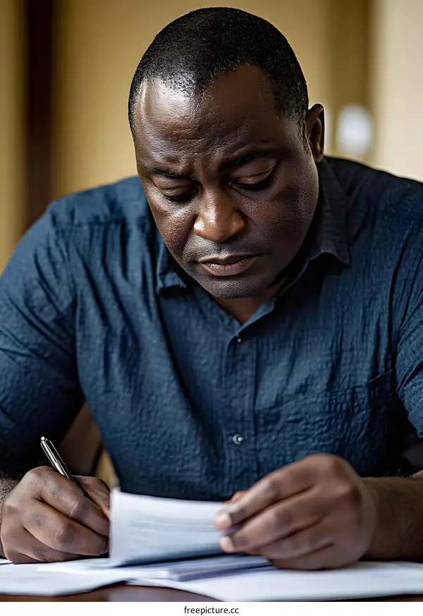 African American Man Signing Documents at His Desk