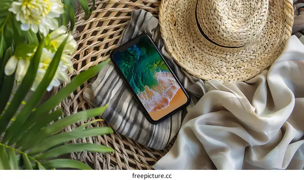 Summer Beach Phone Wallpaper On Woven Mat