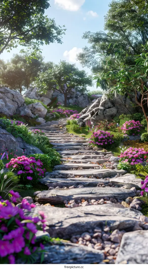 Stone path through a beautiful garden with pink flowers